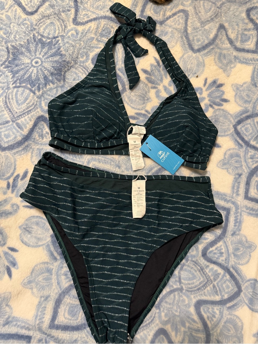 Cupshe Dark Green Stripe Halter Bikini Set Size Medium NWT